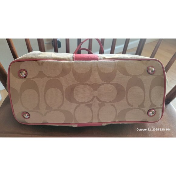 Coach F13533 CarryAll Tan Signature C Pink Trim 3 Section Kisslock Center - Picture 3 of 16